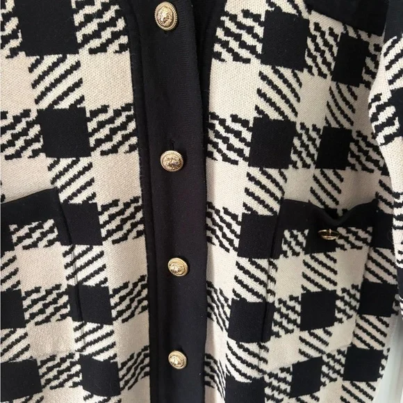 Sandro Checkered Knit Cardigan oversized Black Cream Gold Button V‑neck - Picture 3 of 7